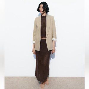 Zara Linen Blend Roll Up Sleeve Open Blazer with Striped Lining Small
